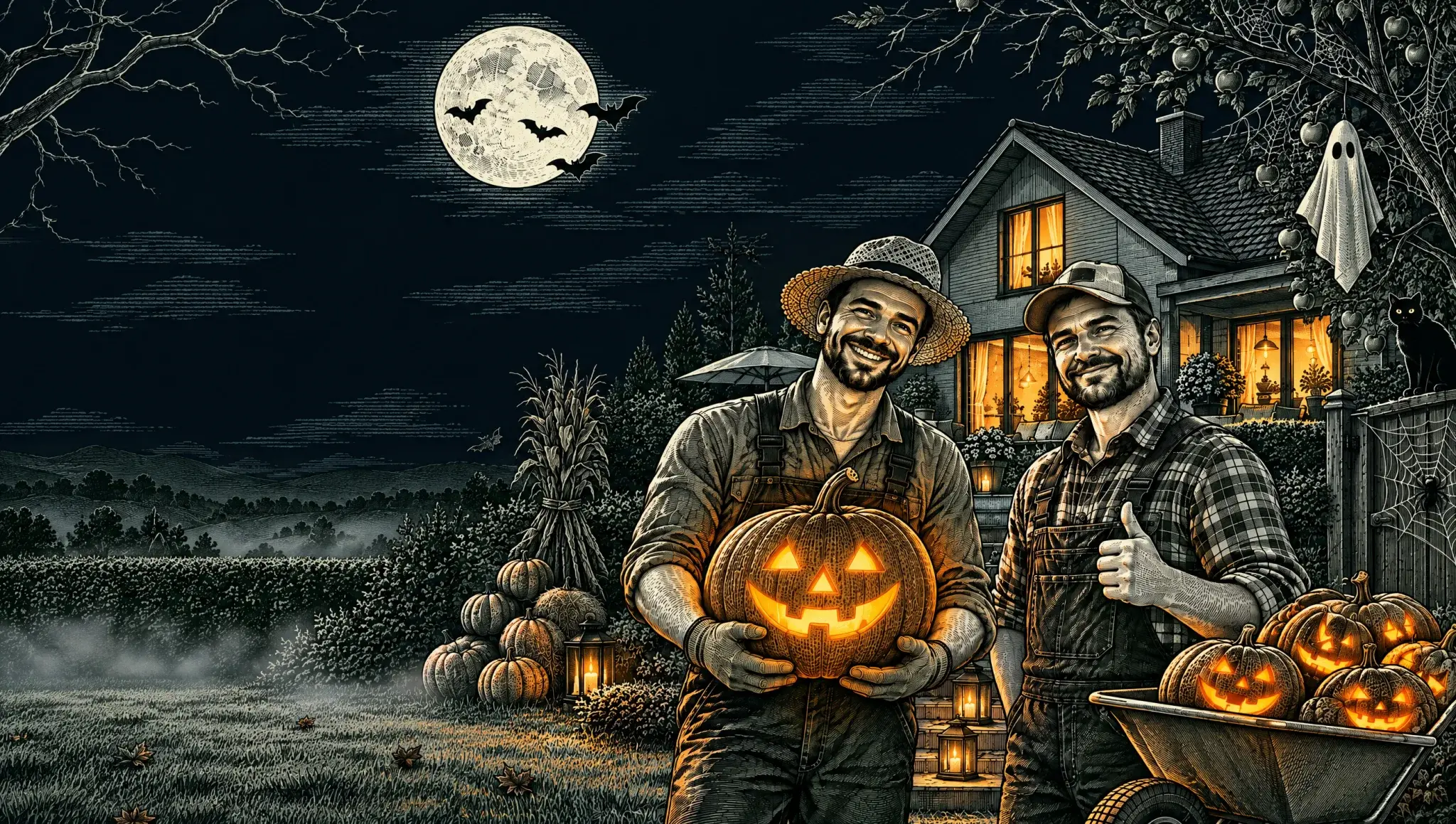 Zeichnung: Gärtner und Landwirt mit Kürbislaternen vor dem Haus an Halloween