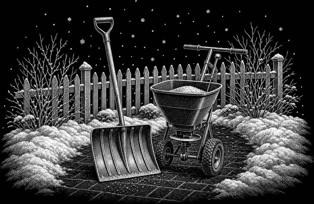 Zeichnung: Schneeschaufel und Streuwagen auf einem geräumten Weg