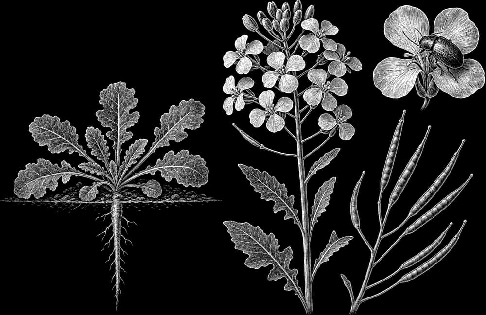 Zeichnung: Raps als Rosette und in Vollblüte, mit Rapsglanzkäfer am Blütenstand