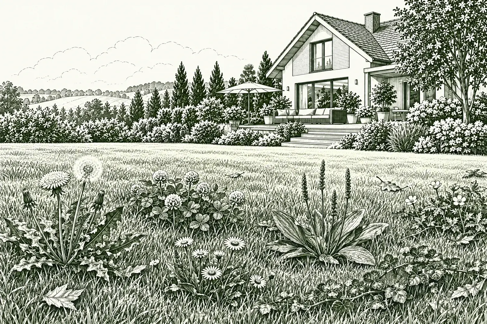 Zeichnung: Rasen vor dem Haus mit Löwenzahn, Klee, Wegerich, Gänseblümchen, Hahnenfuß und Gundermann