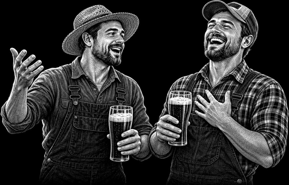 Zeichnung: Gärtner und Landwirt mit Bier, einer erzählt, der andere lacht