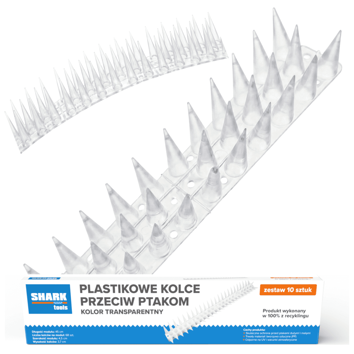 Vogelschutzspitzen aus transparentem Kunststoff 45cm Shark Tools - Set 4,5m (10 Stk.)